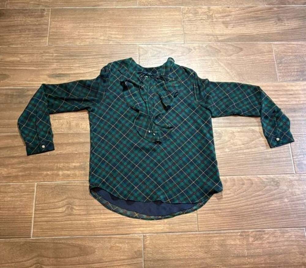 Tommy Hilfiger Plaid Ruffle-Trim Georgette Blouse Size M Green Blue Tartan